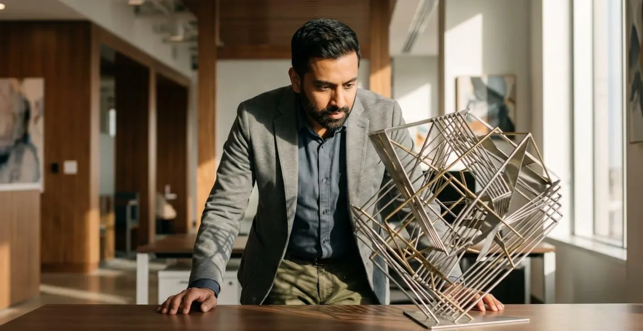 Finance professional examining abstract data patterns in modern office environment