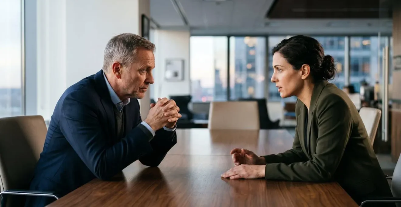 Business executives in a high-stakes debt restructuring negotiation meeting