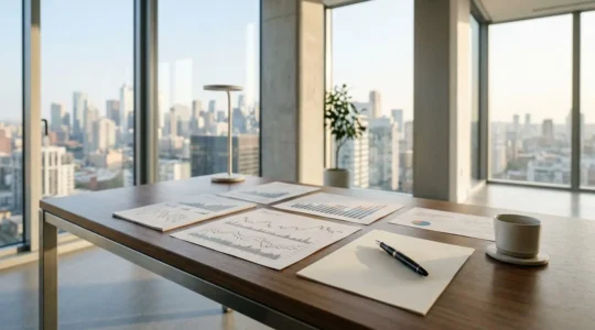 Executive reviewing financial documents in modern office setting