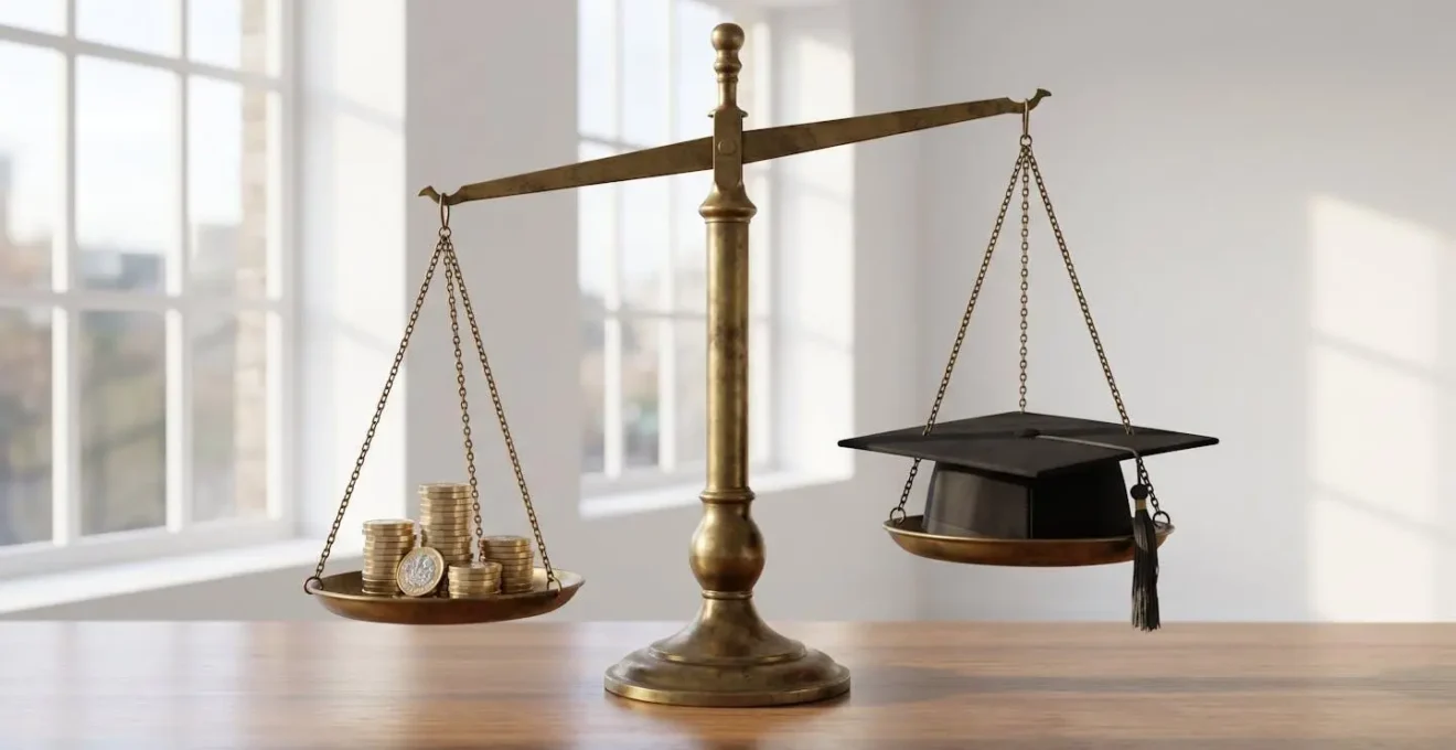 Balance scale comparing stacks of coins against a graduation cap in a minimalist office setting.