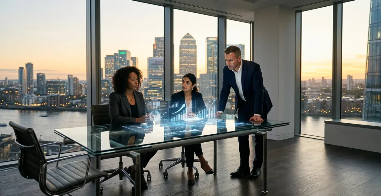 Financial executives analyzing growth metrics and investment models in a modern London office boardroom