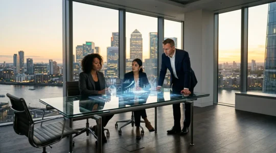 Financial executives analyzing growth metrics and investment models in a modern London office boardroom