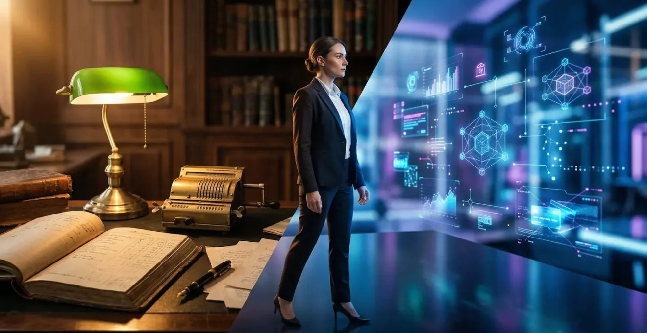 Traditional accountant transitioning to modern fintech environment with abstract financial technology elements