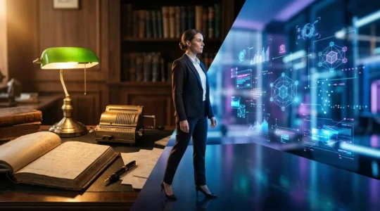 Traditional accountant transitioning to modern fintech environment with abstract financial technology elements