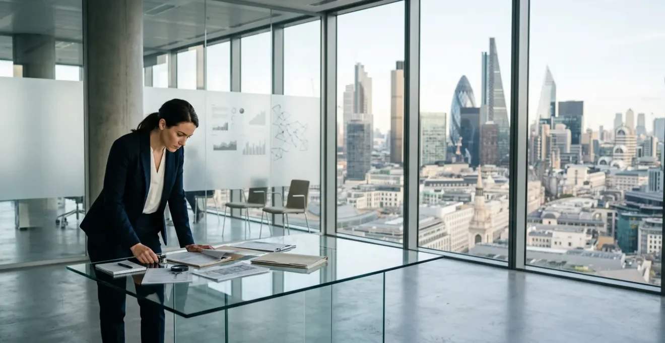 Professional forensic accountant examining financial documents in modern London office setting