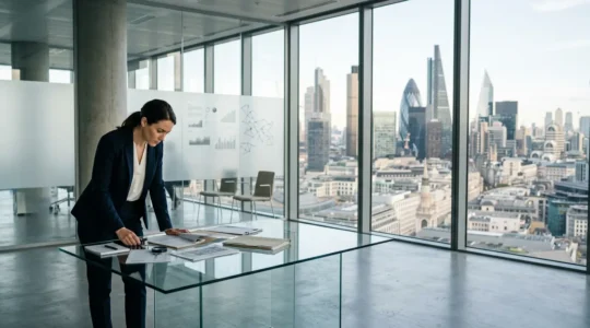 Professional forensic accountant examining financial documents in modern London office setting