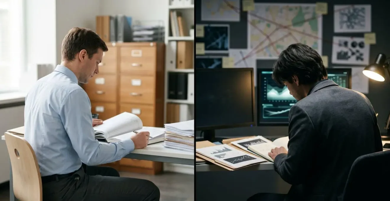Split composition showing contrasting audit approaches with modern office environments