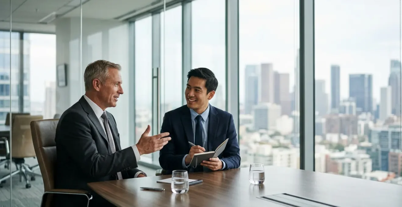 Strategic mentorship meeting between senior CFO and ambitious finance professional in modern boardroom