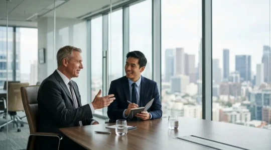 Strategic mentorship meeting between senior CFO and ambitious finance professional in modern boardroom
