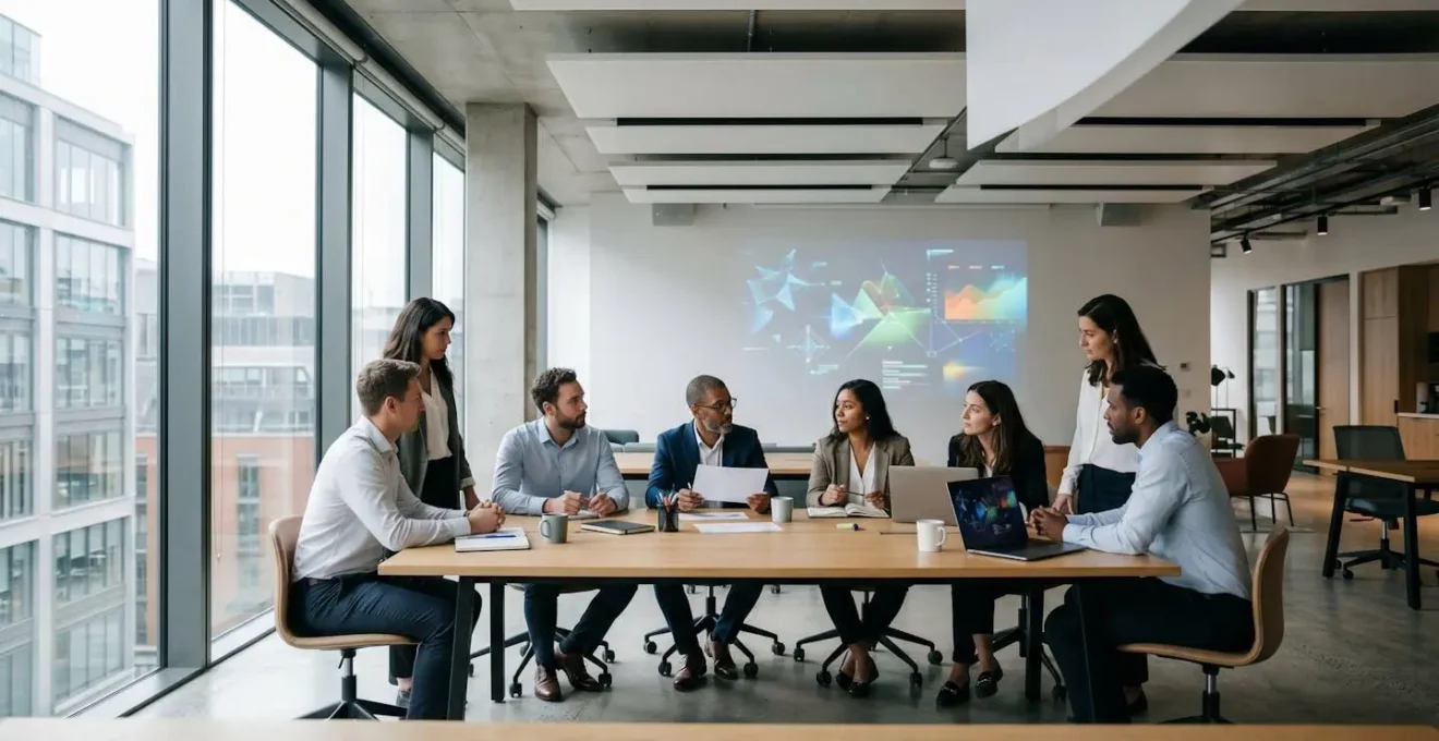 Wide shot of modern open office space with finance and marketing teams collaborating around shared digital dashboard