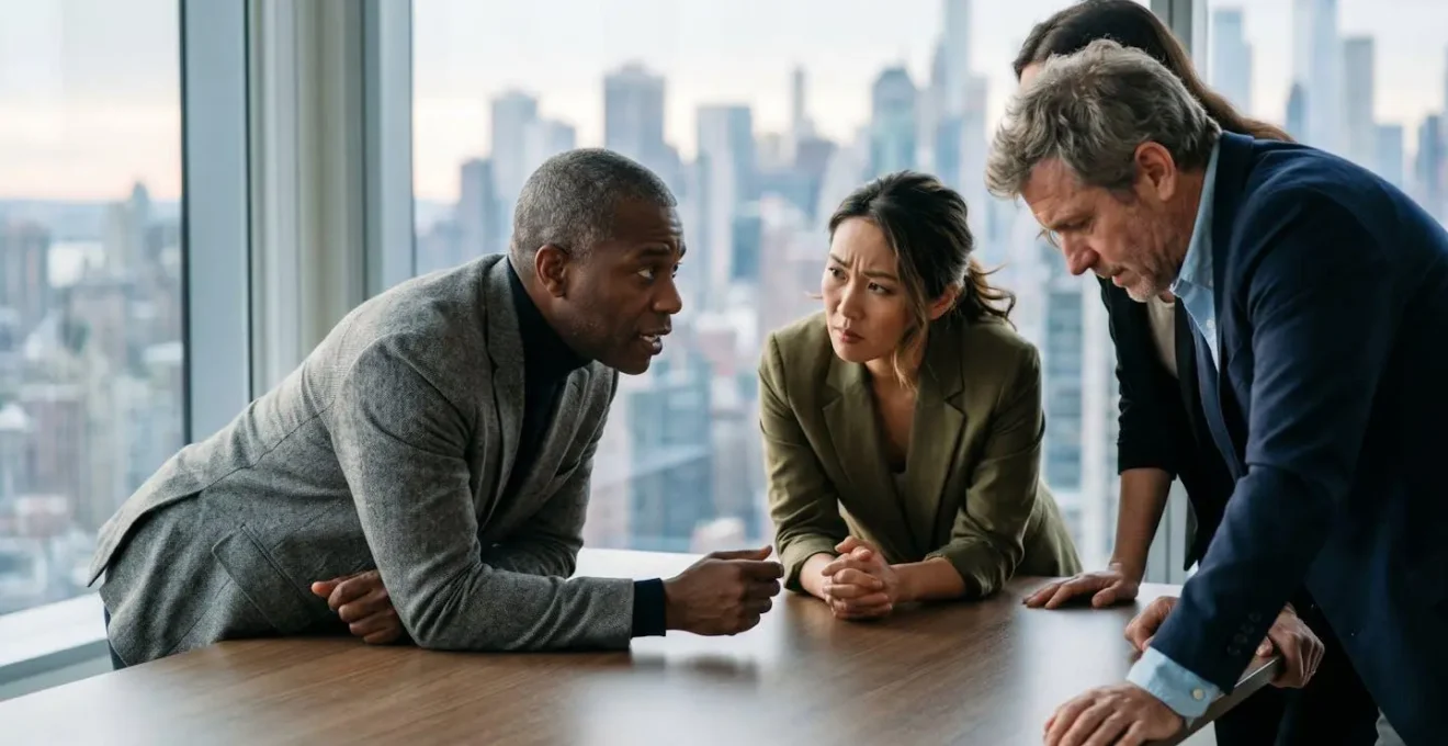 Executive team in urgent strategic meeting during crisis response