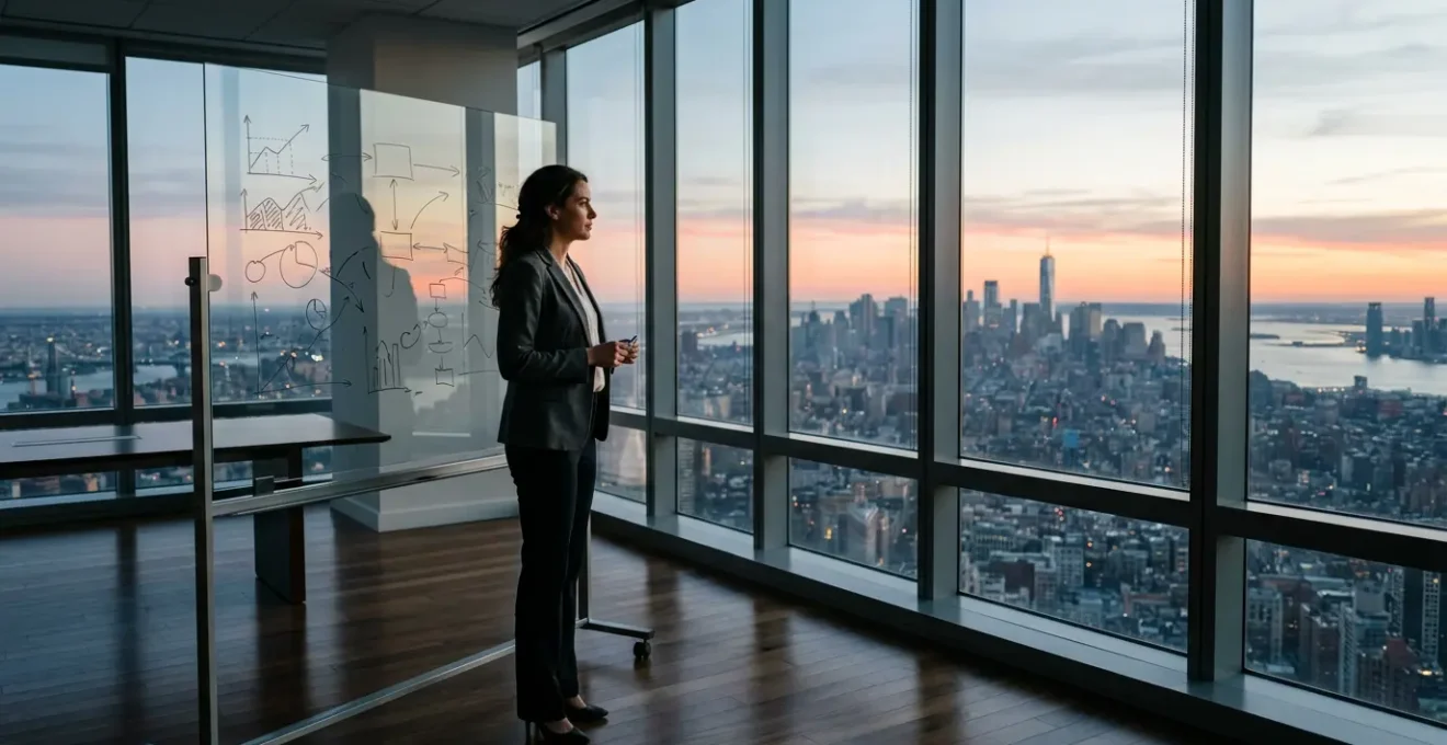 Interim CFO reviewing financial dashboards in modern executive office