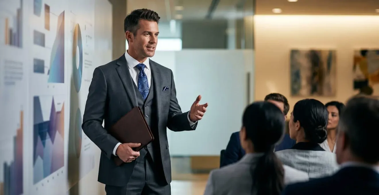 Finance professional presenting portfolio of achievements in modern boardroom