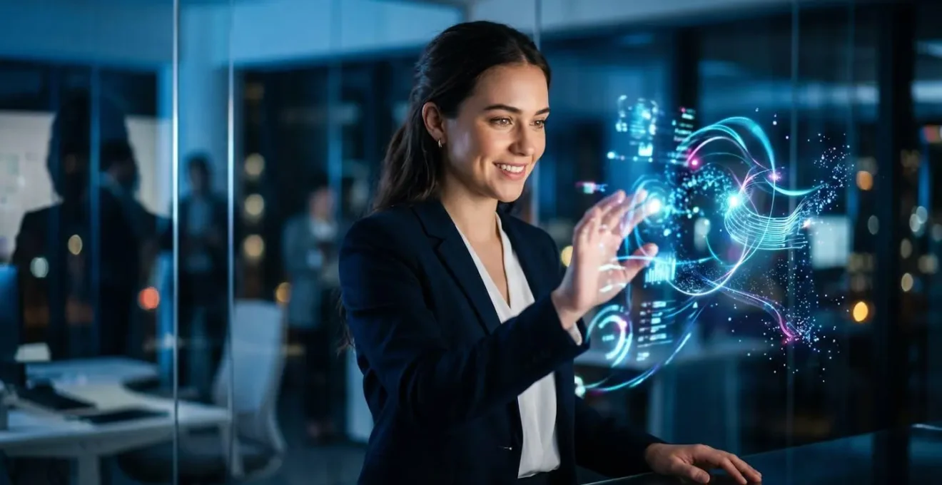 Young professional working with holographic data visualizations in modern office