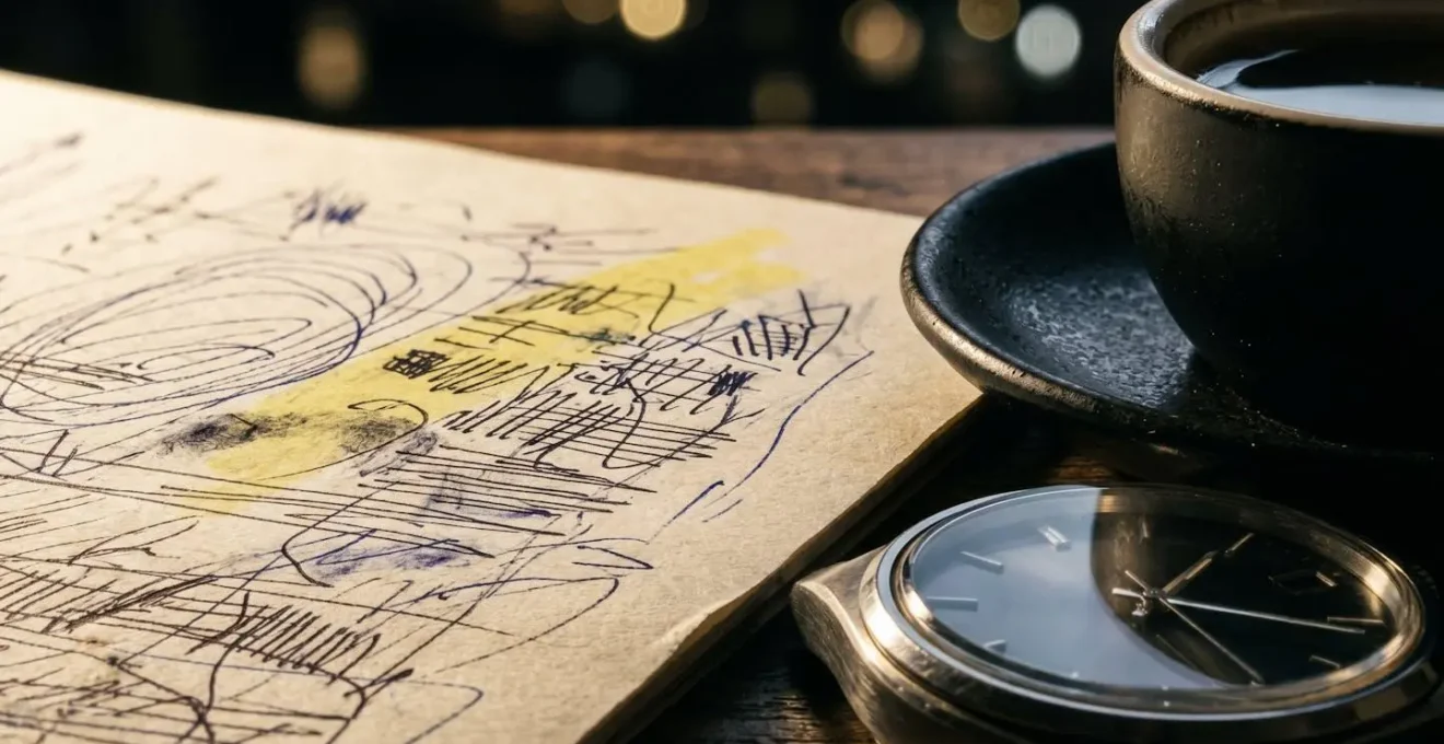 Close-up of study materials and coffee with subtle time pressure atmosphere
