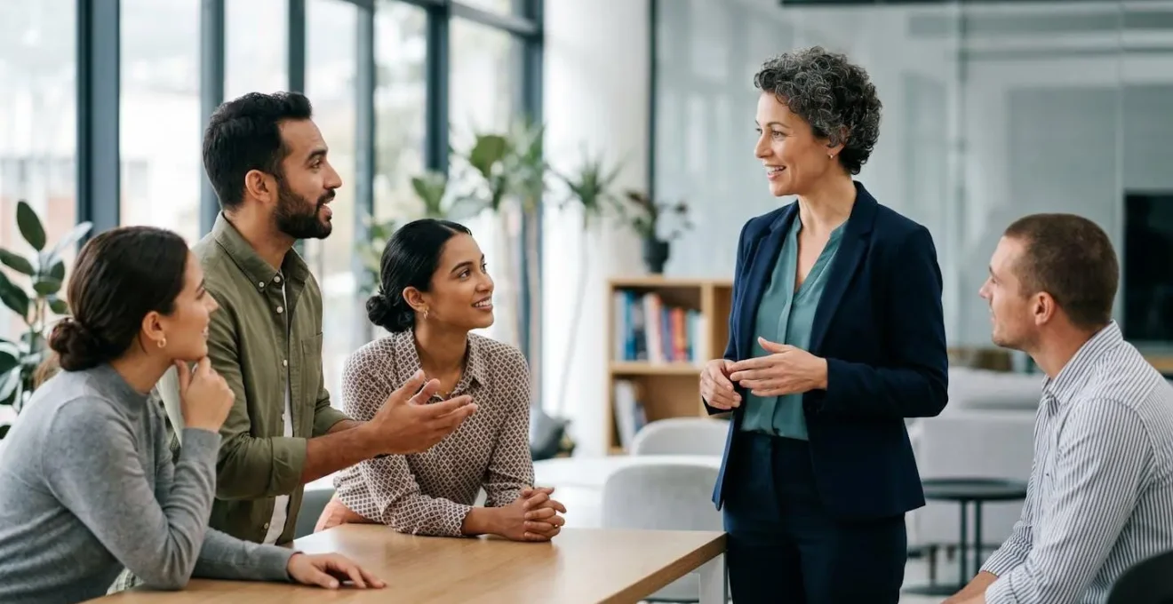 Leader facilitating strategic discussion with diverse team in modern workspace