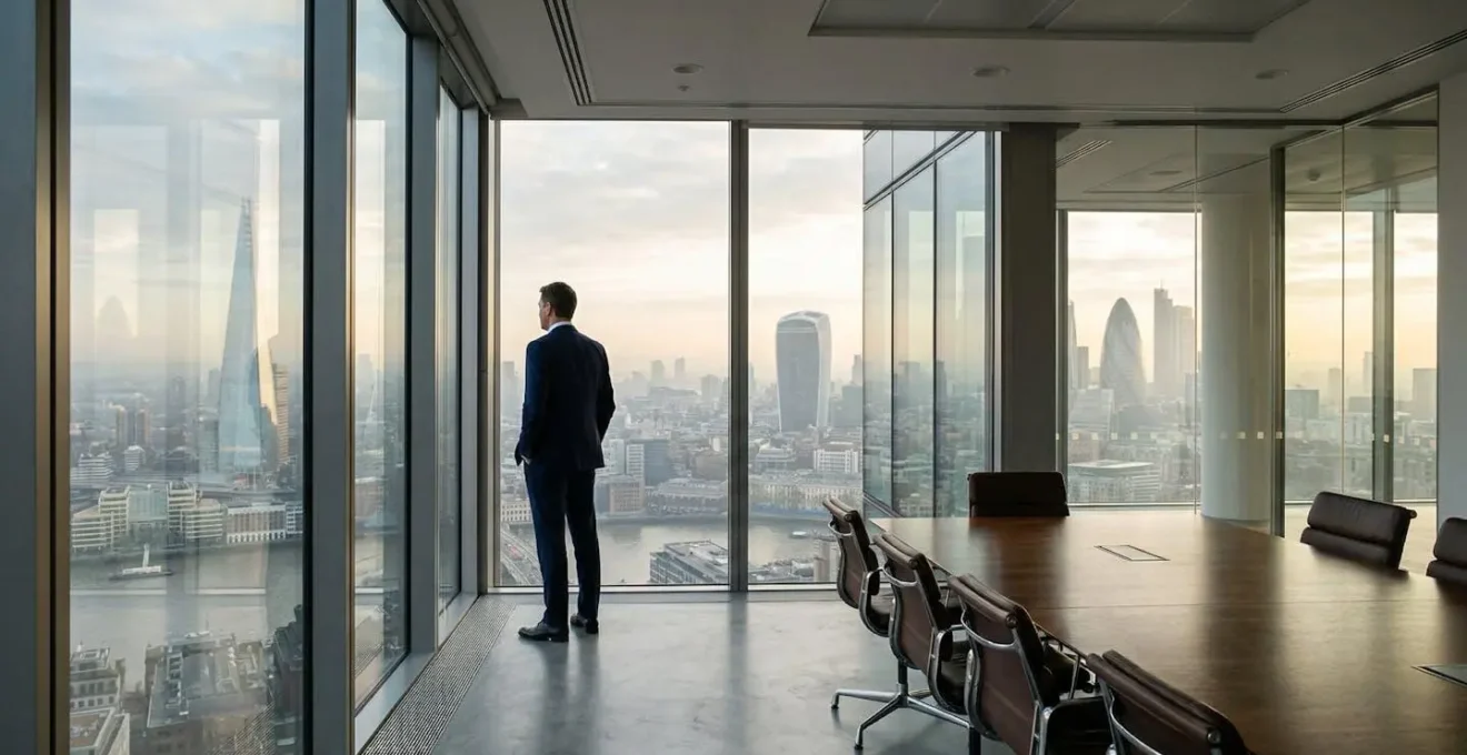 Professional executive meeting in a modern London boardroom with city skyline views