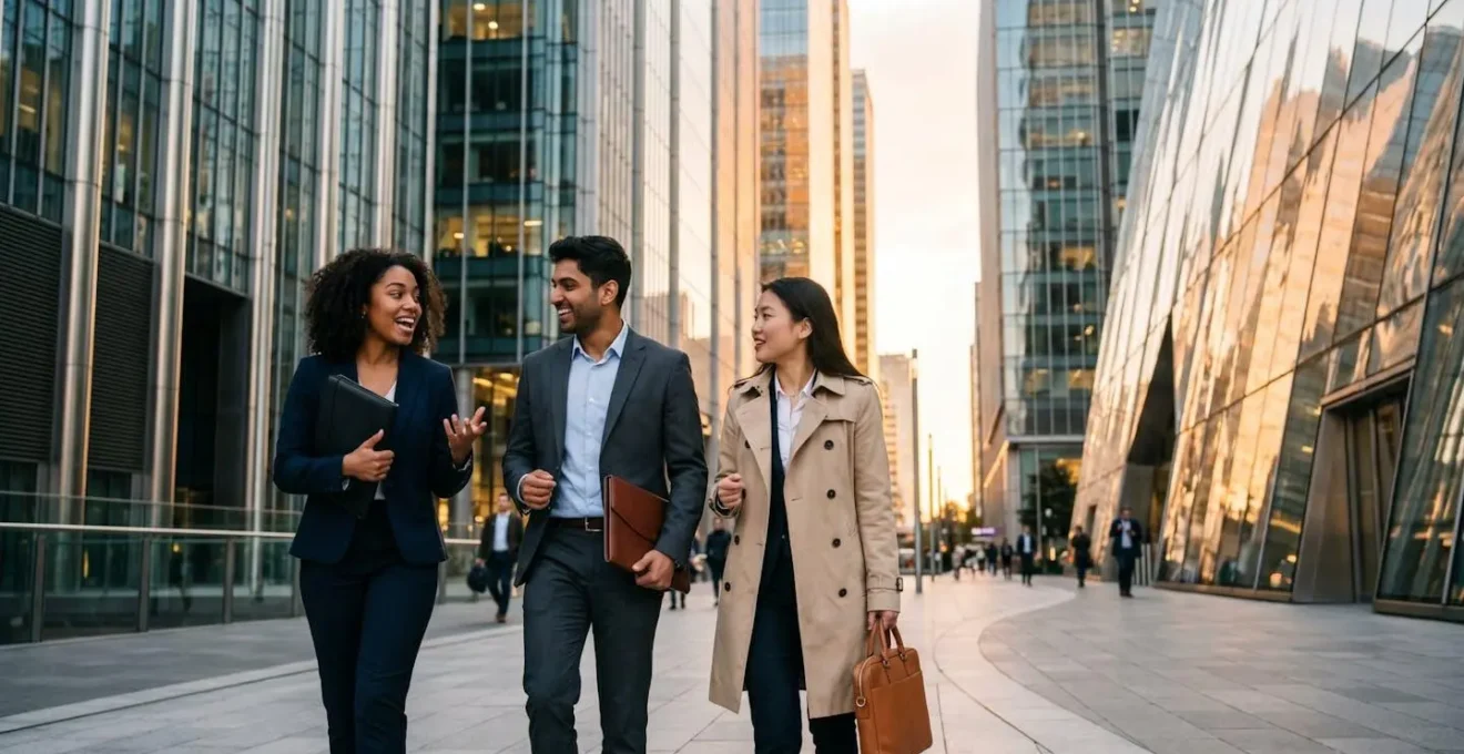 Young professionals walking with purpose through London's financial district at golden hour.