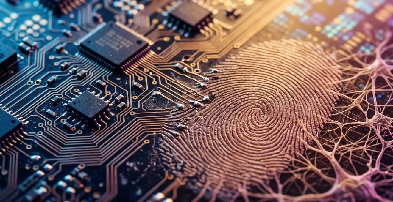 Macro view of digital patterns merging with human analytical elements