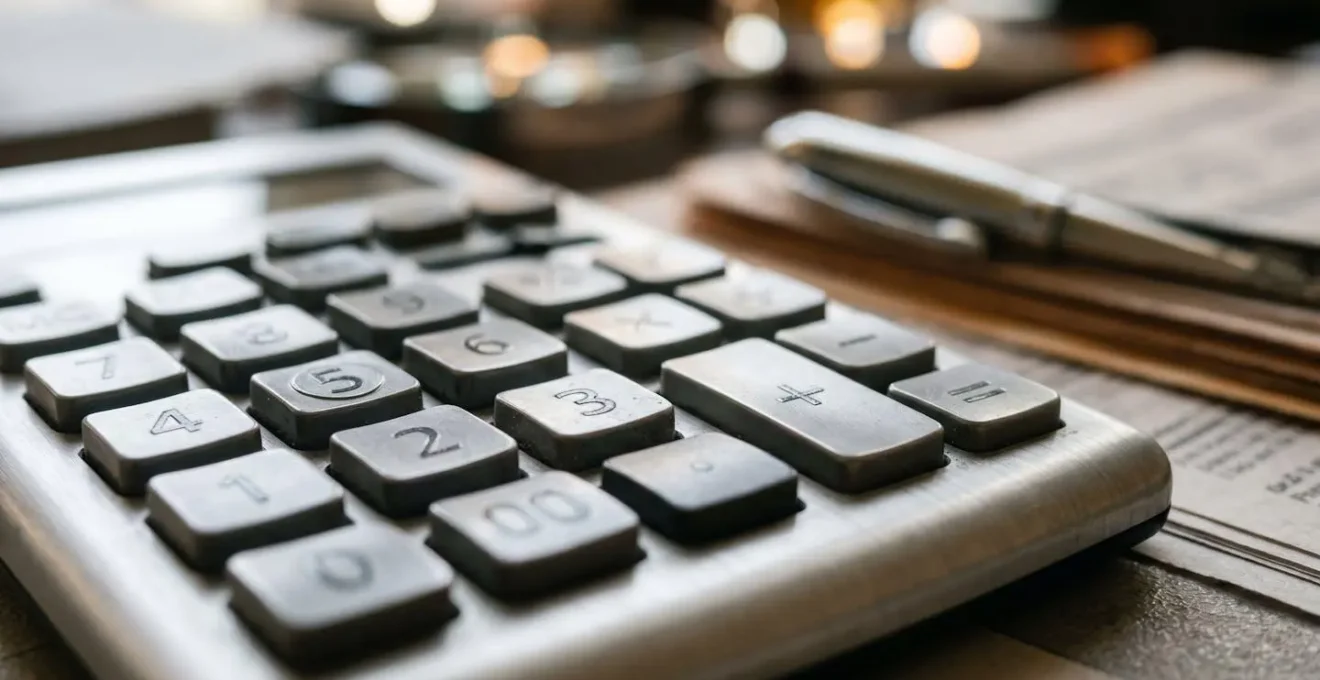 Extreme close-up of financial analysis tools and calculator on desk