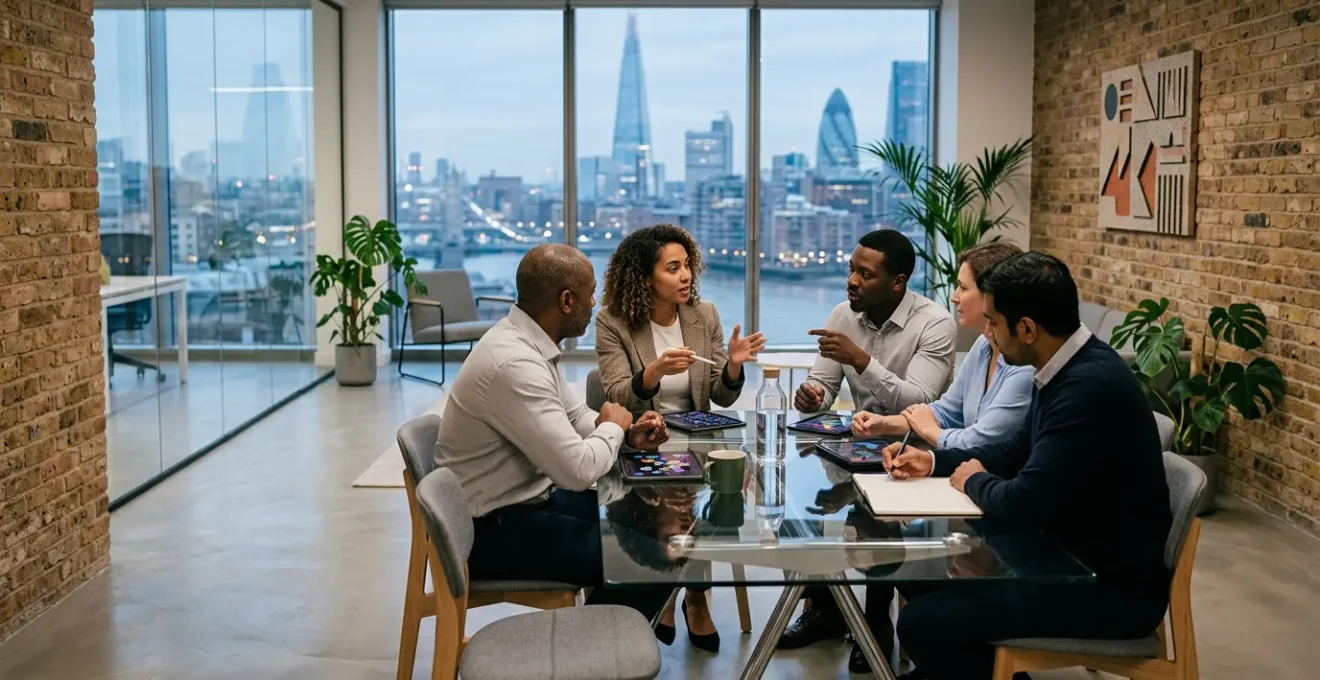 Management accountants analyzing data on tablets in modern UK tech startup office