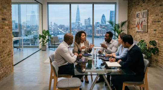 Management accountants analyzing data on tablets in modern UK tech startup office