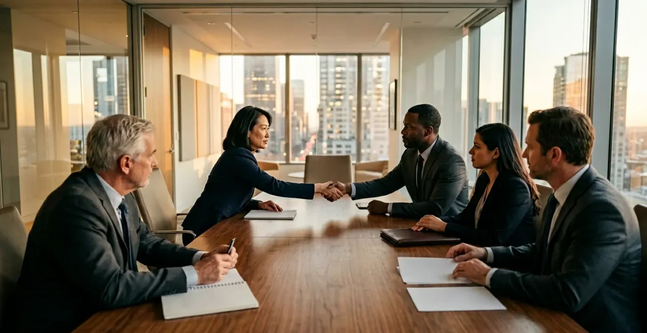 Executive boardroom scene during M&A negotiation with professionals analyzing documents