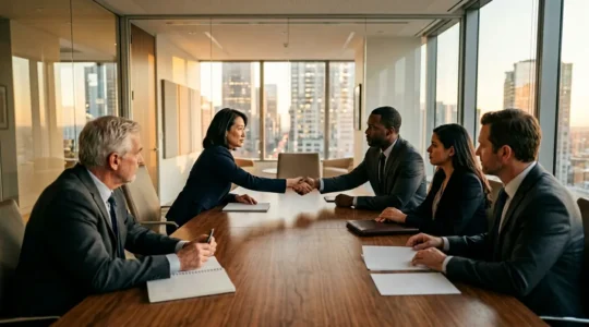 Executive boardroom scene during M&A negotiation with professionals analyzing documents