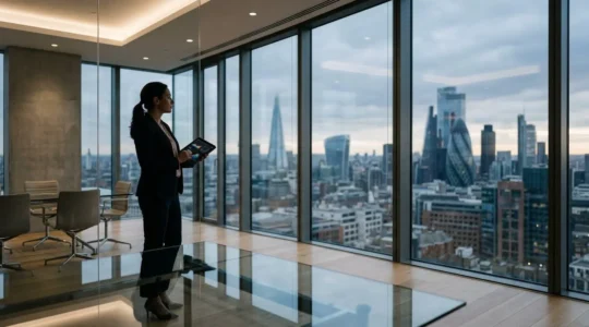 Finance executive analyzing strategic data in modern corporate setting