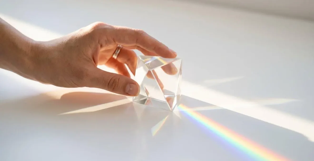 Human hand adjusting complex glass prism reflecting light into spectrum of colors representing data transformation