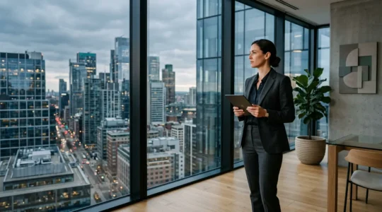 Finance executive analyzing compliance strategy in modern office