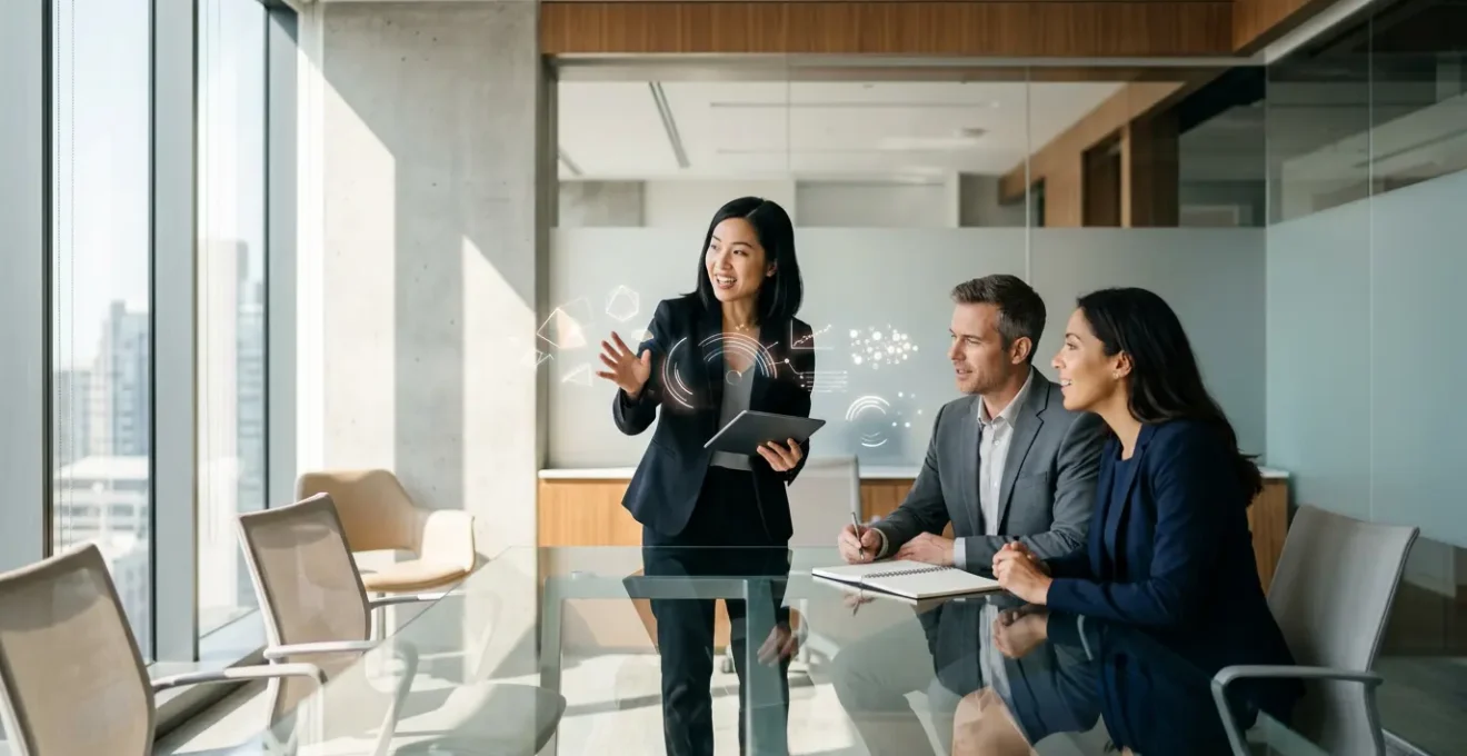 Professional accounting professionals networking at modern office conference room