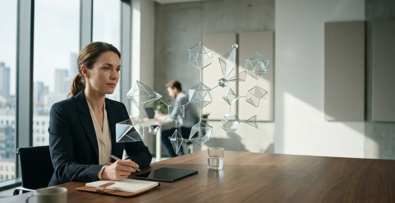 Finance professional analyzing complex data patterns during strategic case study presentation