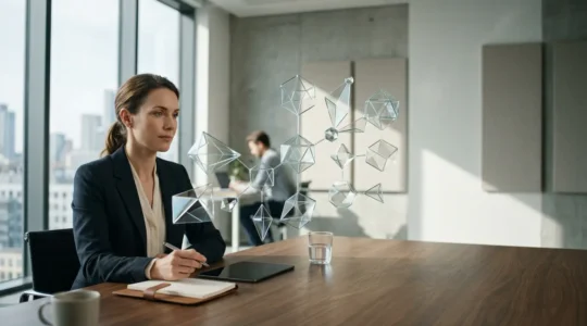 Finance professional analyzing complex data patterns during strategic case study presentation