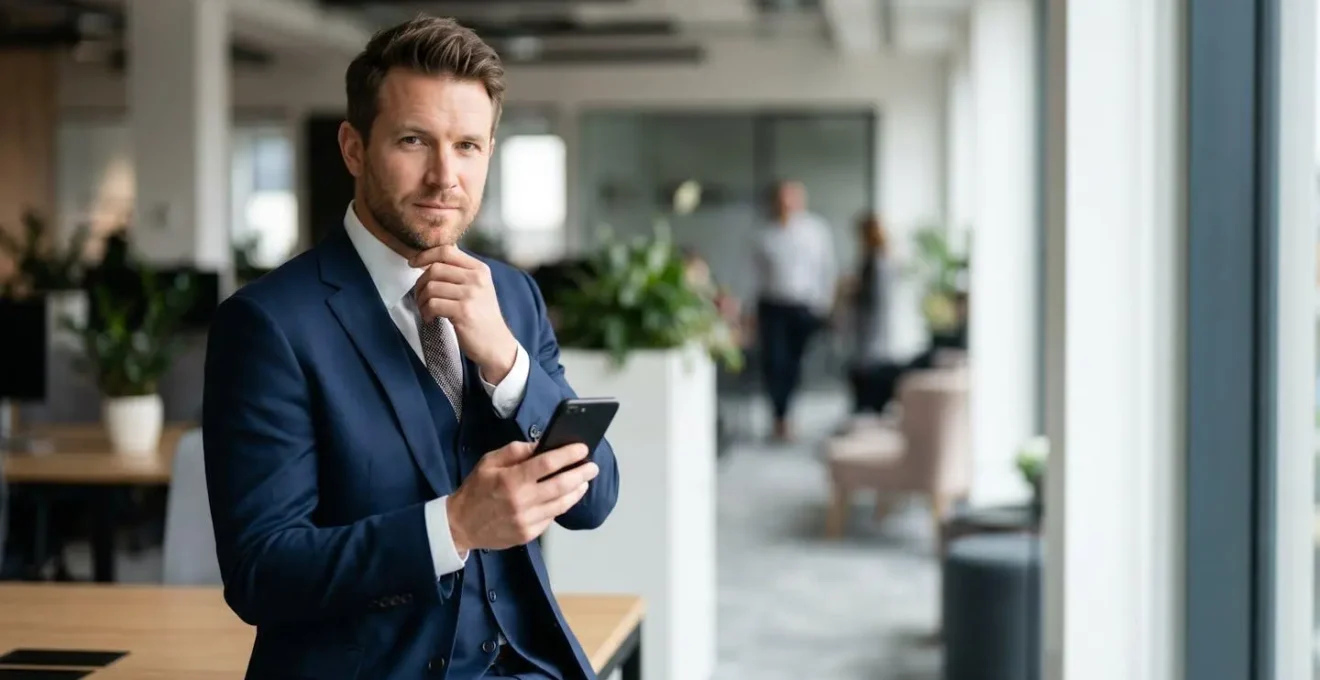 Professional making strategic follow-up connection in office setting