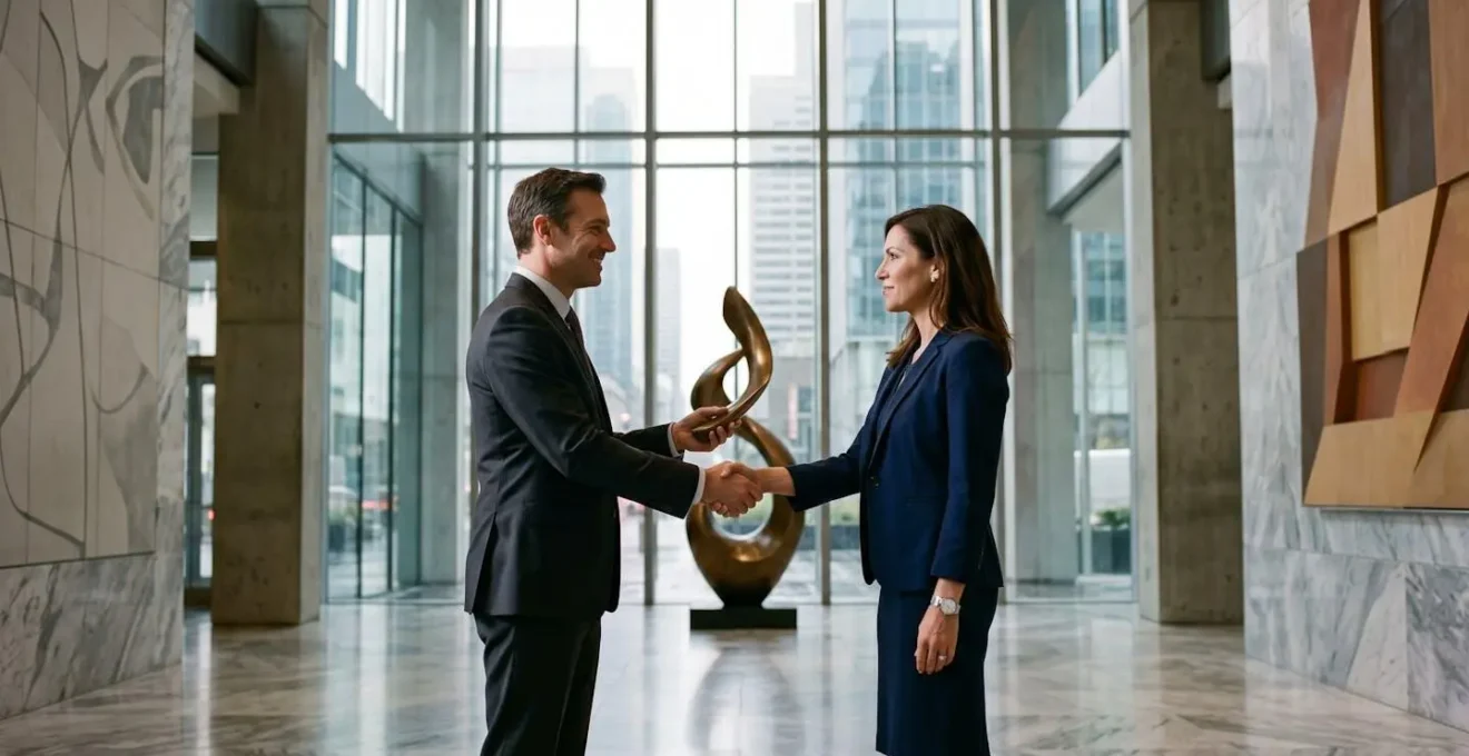 Two executives shaking hands in modern office lobby symbolizing mentorship transition