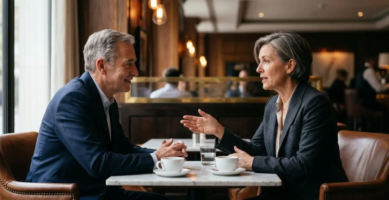 Two executives having strategic coffee meeting in upscale London venue