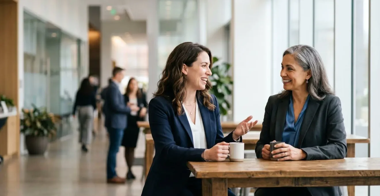 Finance professionals engaged in authentic networking conversation