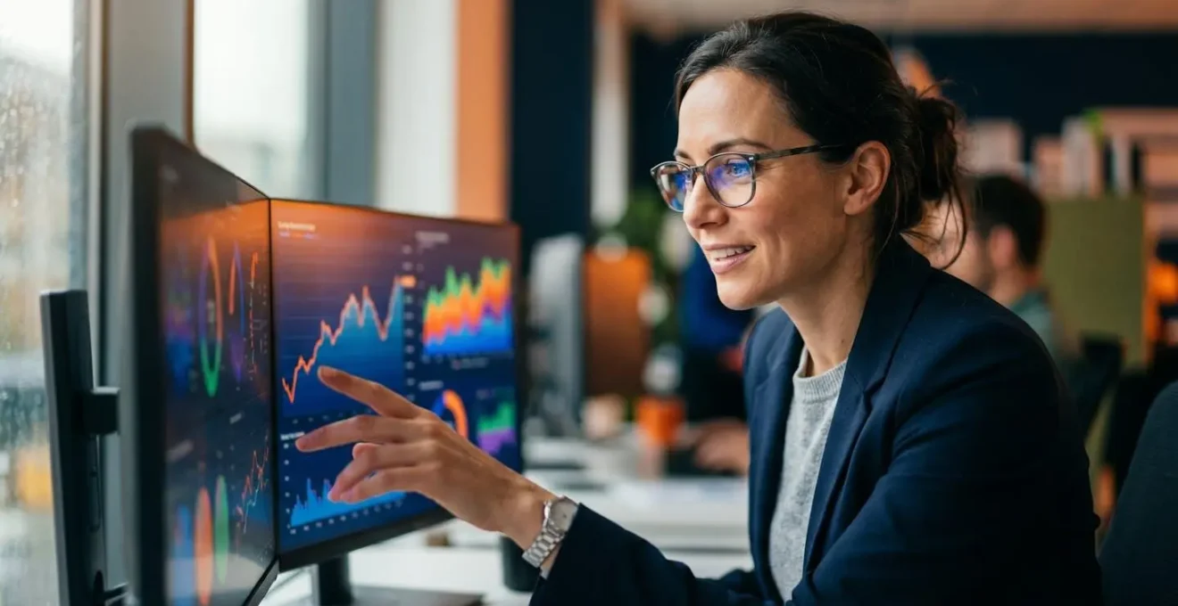 Business analyst reviewing performance metrics on dashboard displays