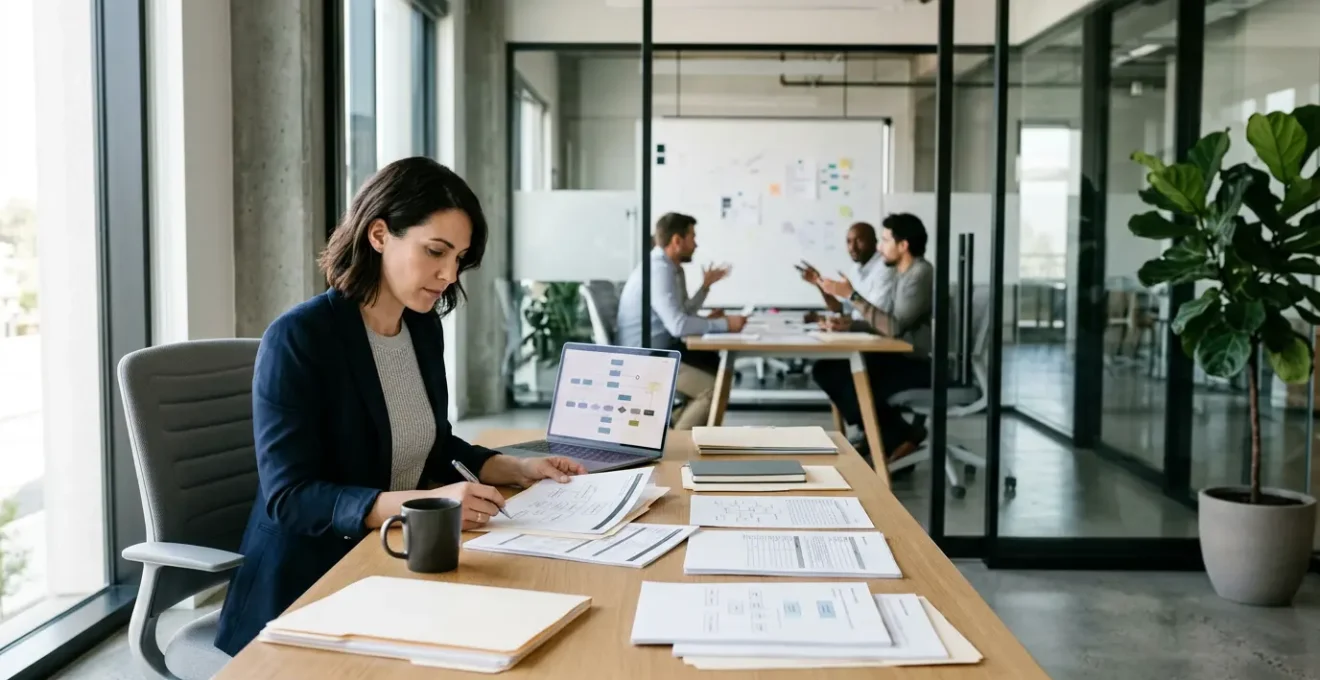 Business professional at modern office desk studying compliance documents with organized workflow system in background