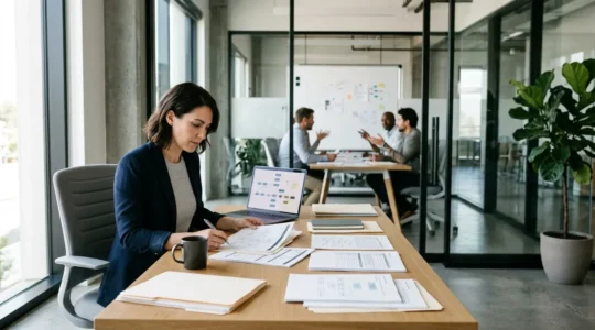 Business professional at modern office desk studying compliance documents with organized workflow system in background