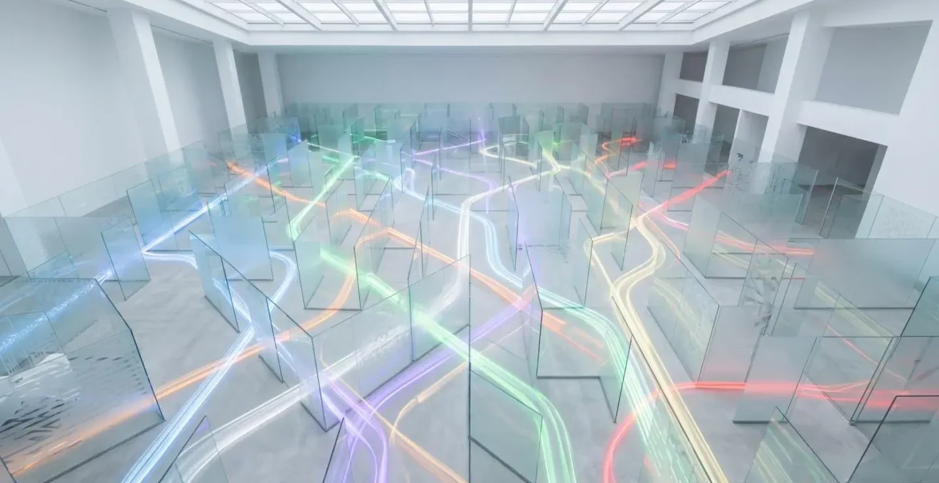 Complex network of interconnected subscription revenue streams visualized as flowing light trails
