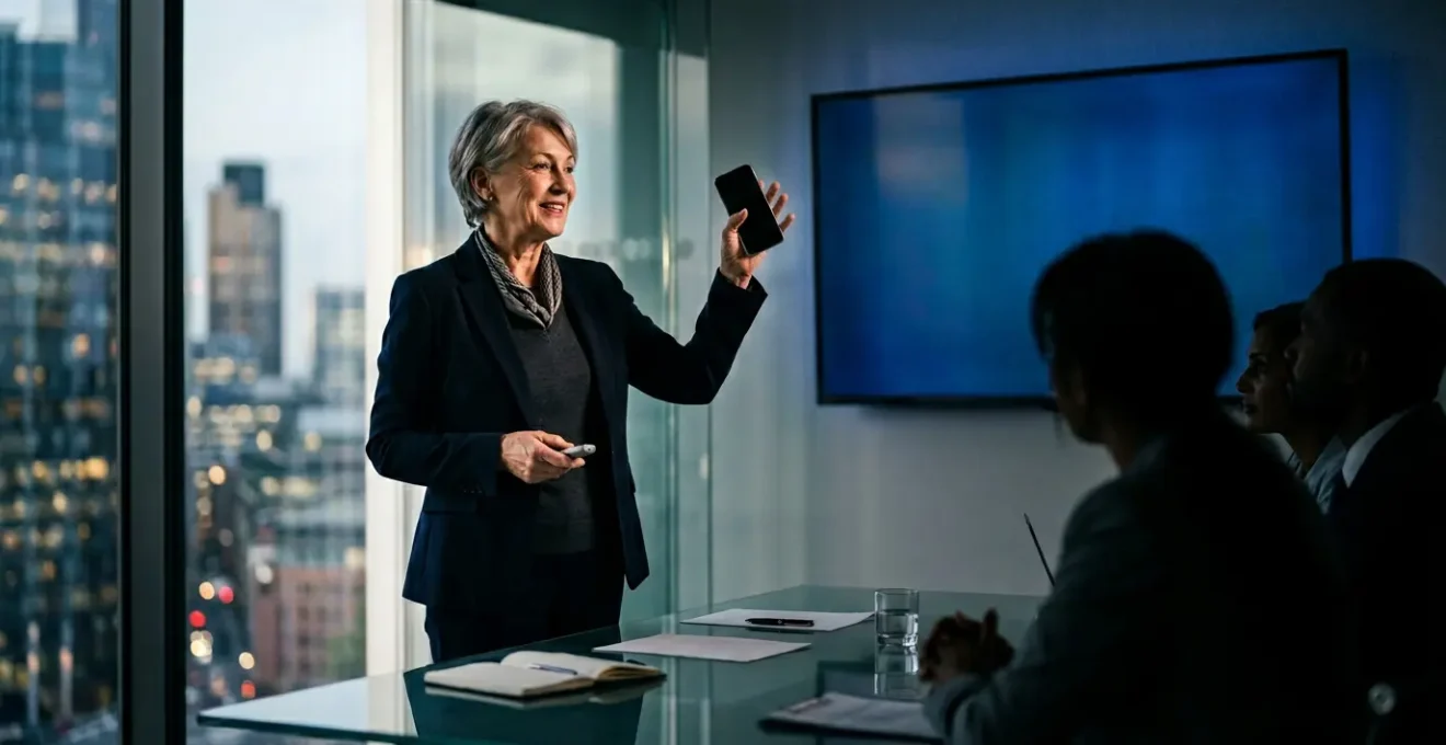 Senior accountant candidate being evaluated in modern corporate boardroom setting