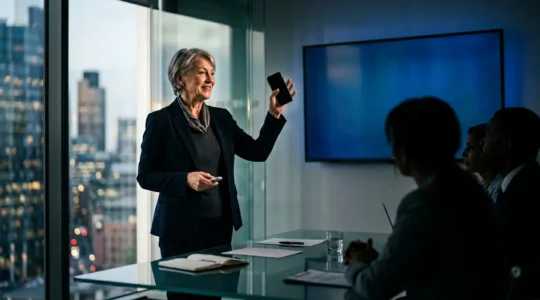 Senior accountant candidate being evaluated in modern corporate boardroom setting
