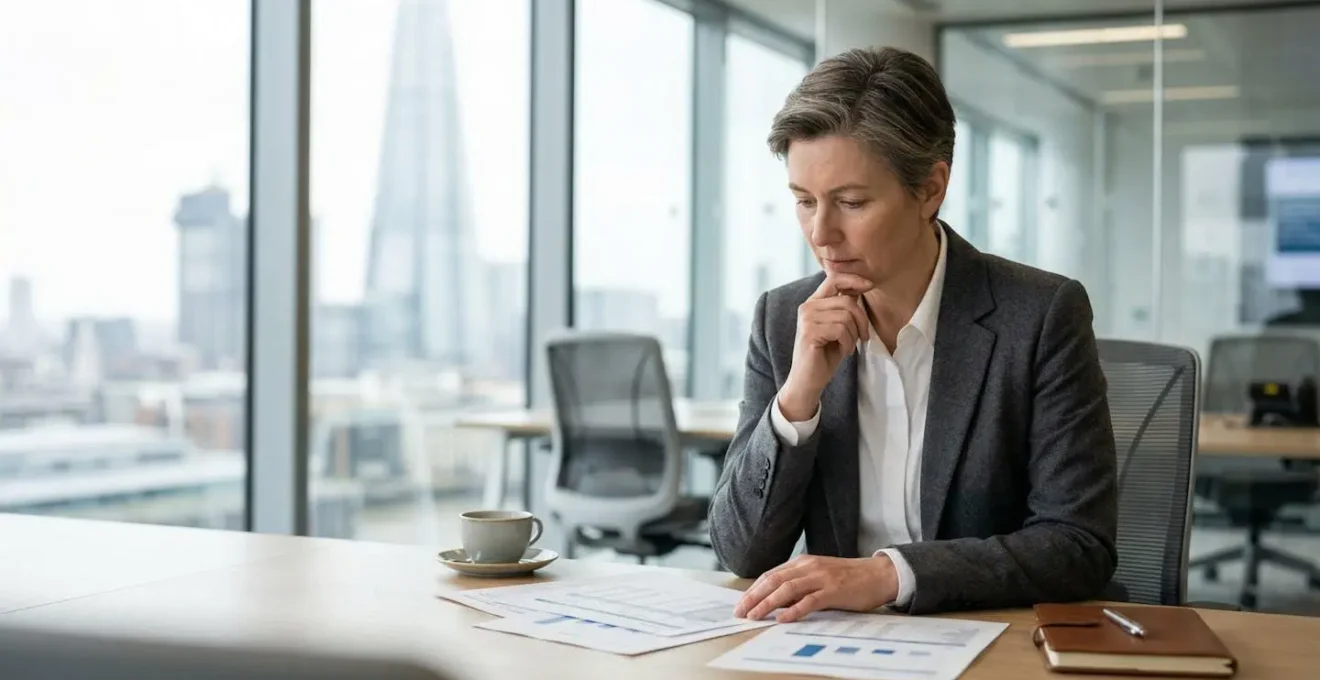 Finance professional preparing for senior role interview in modern UK office