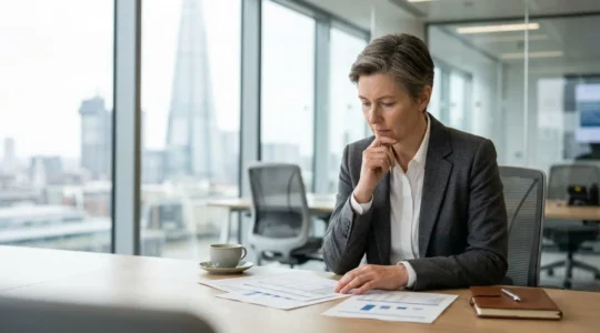 Finance professional preparing for senior role interview in modern UK office