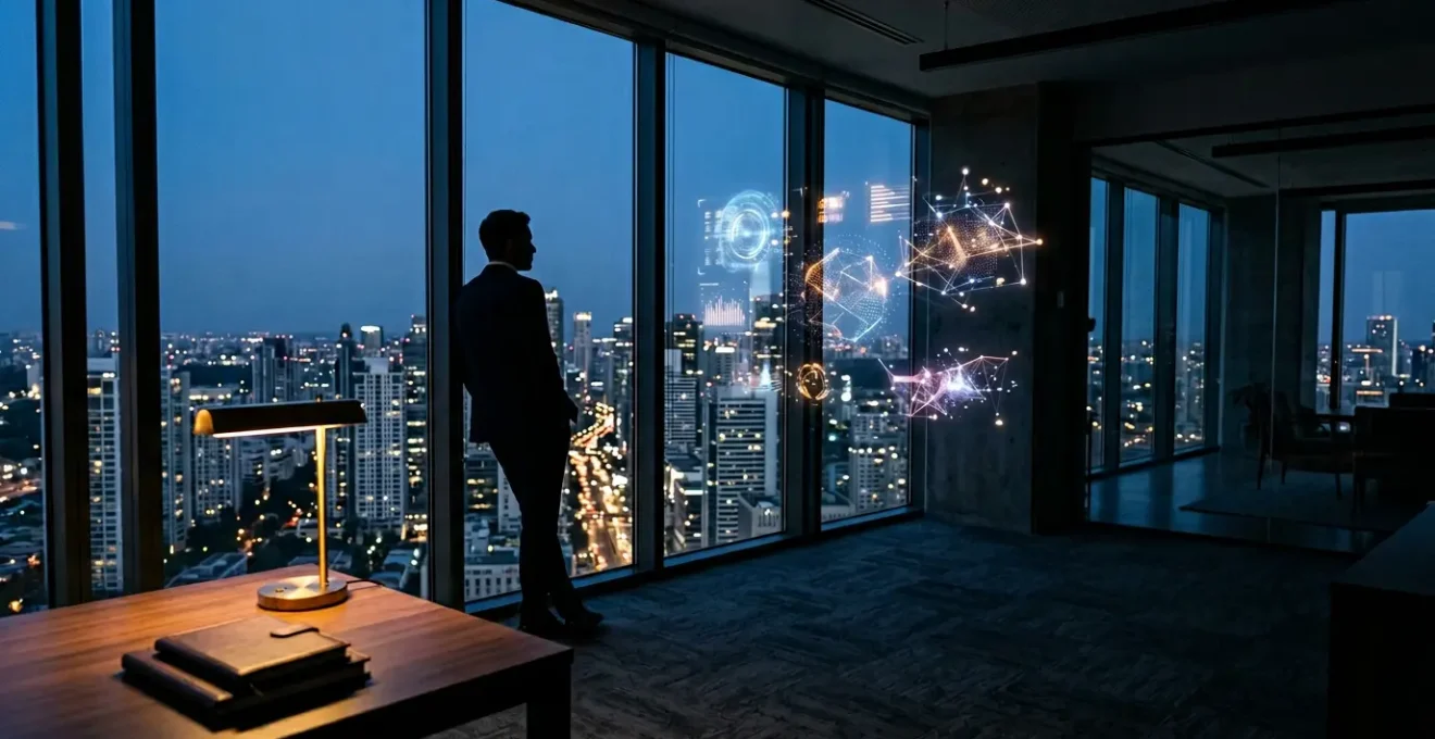 Strategic accountant reviewing multiple financial dashboards and cash flow projections in a modern corporate office environment