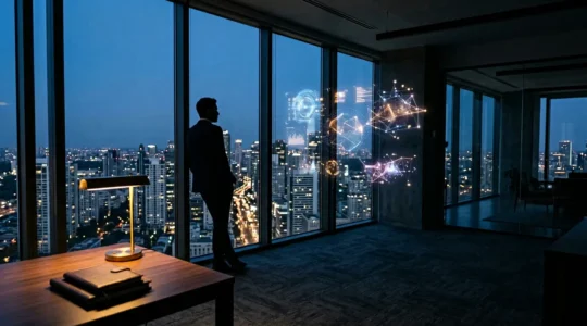Strategic accountant reviewing multiple financial dashboards and cash flow projections in a modern corporate office environment