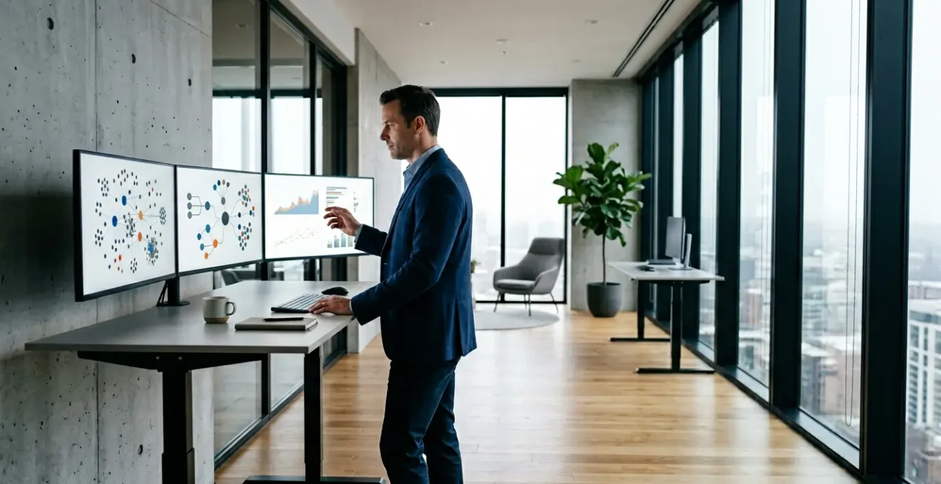 Professional accountant reviewing multiple career strategies on modern workspace with networking icons and career path visualizations