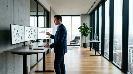 Professional accountant reviewing multiple career strategies on modern workspace with networking icons and career path visualizations